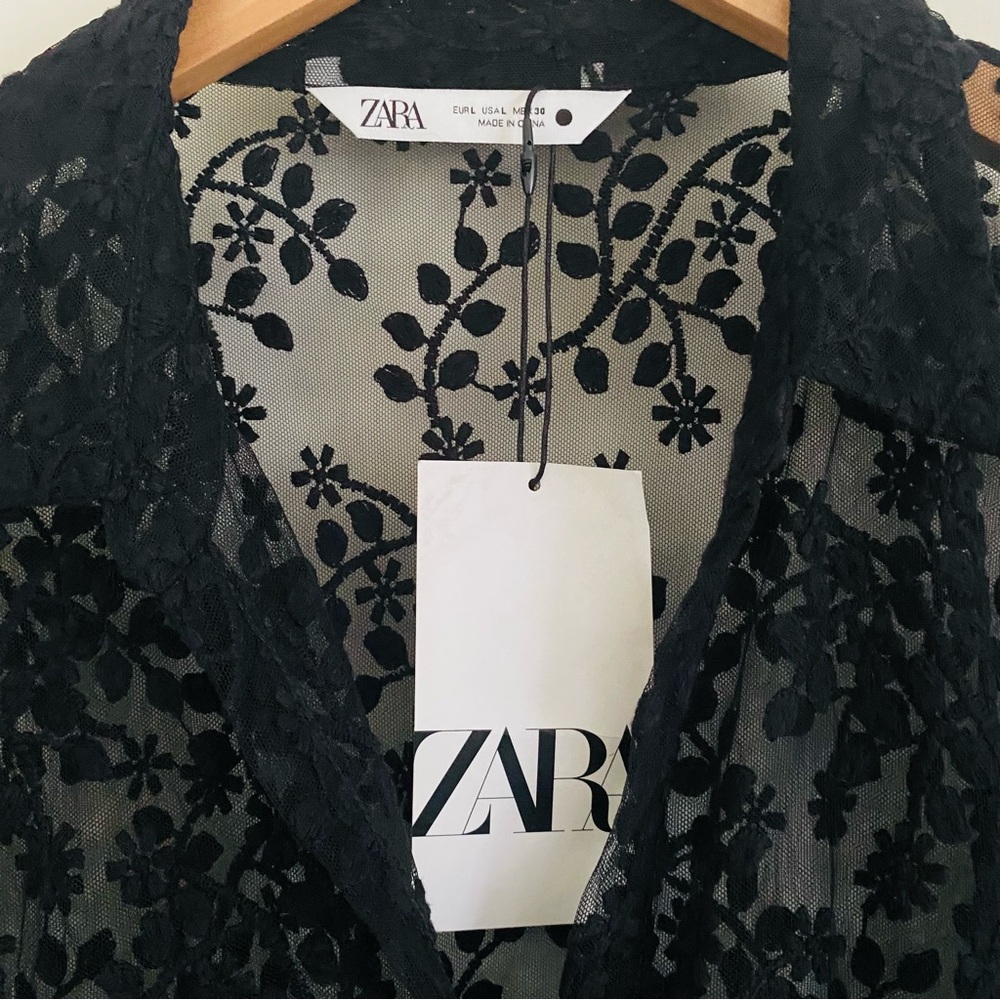 Zara Black Floral Lace Robe Kimono Dress Coverup Size L - Picture 3 of 10